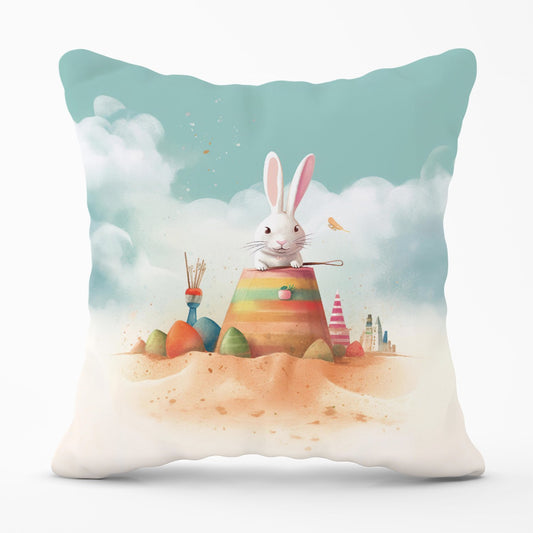 White Rabbit On A Beach Holiday Outdoor Cushion