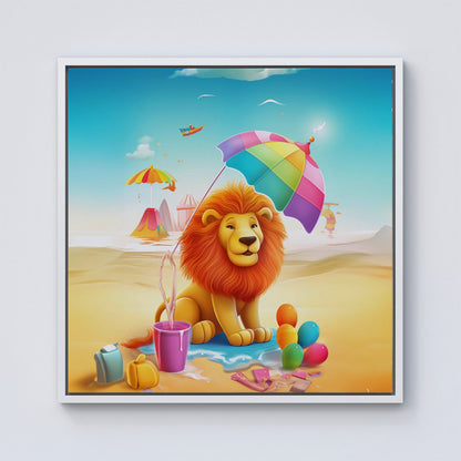 Lion On A Beach Holiday Framed Canvas