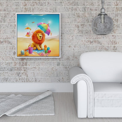 Lion On A Beach Holiday Framed Canvas