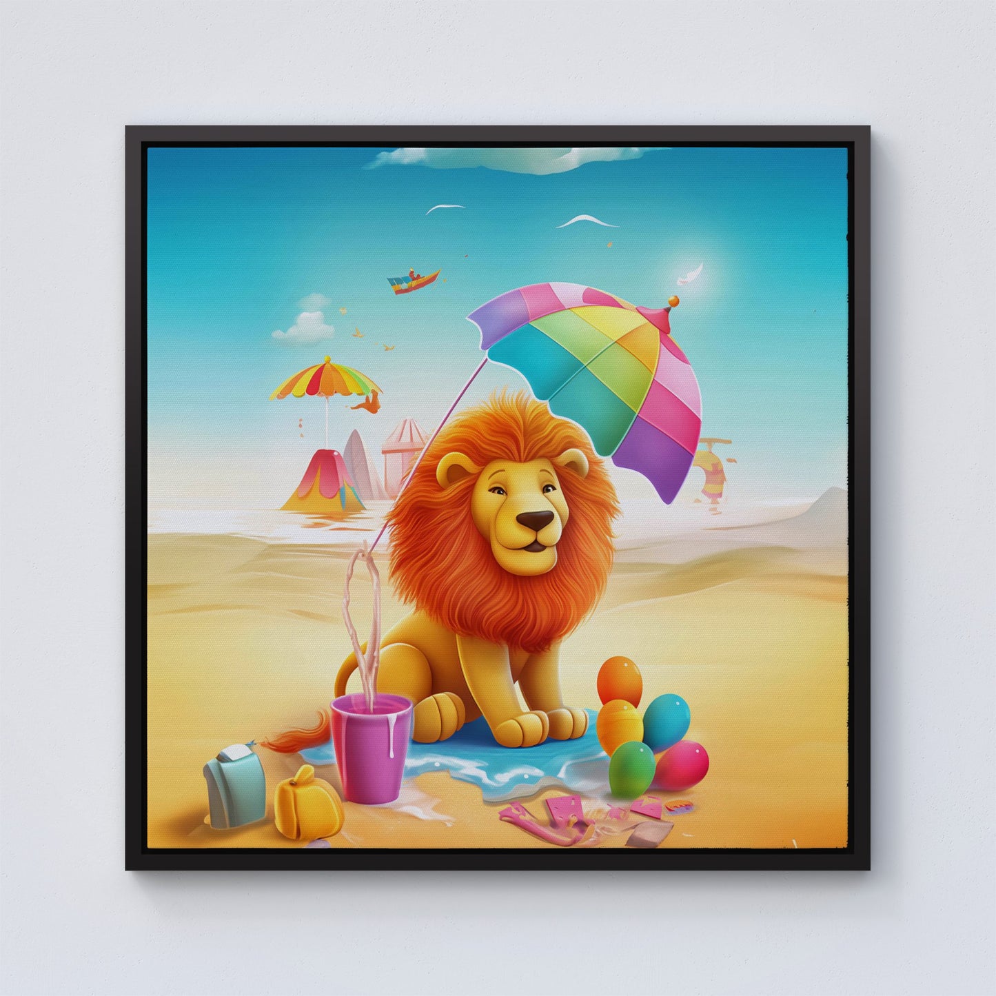 Lion On A Beach Holiday Framed Canvas