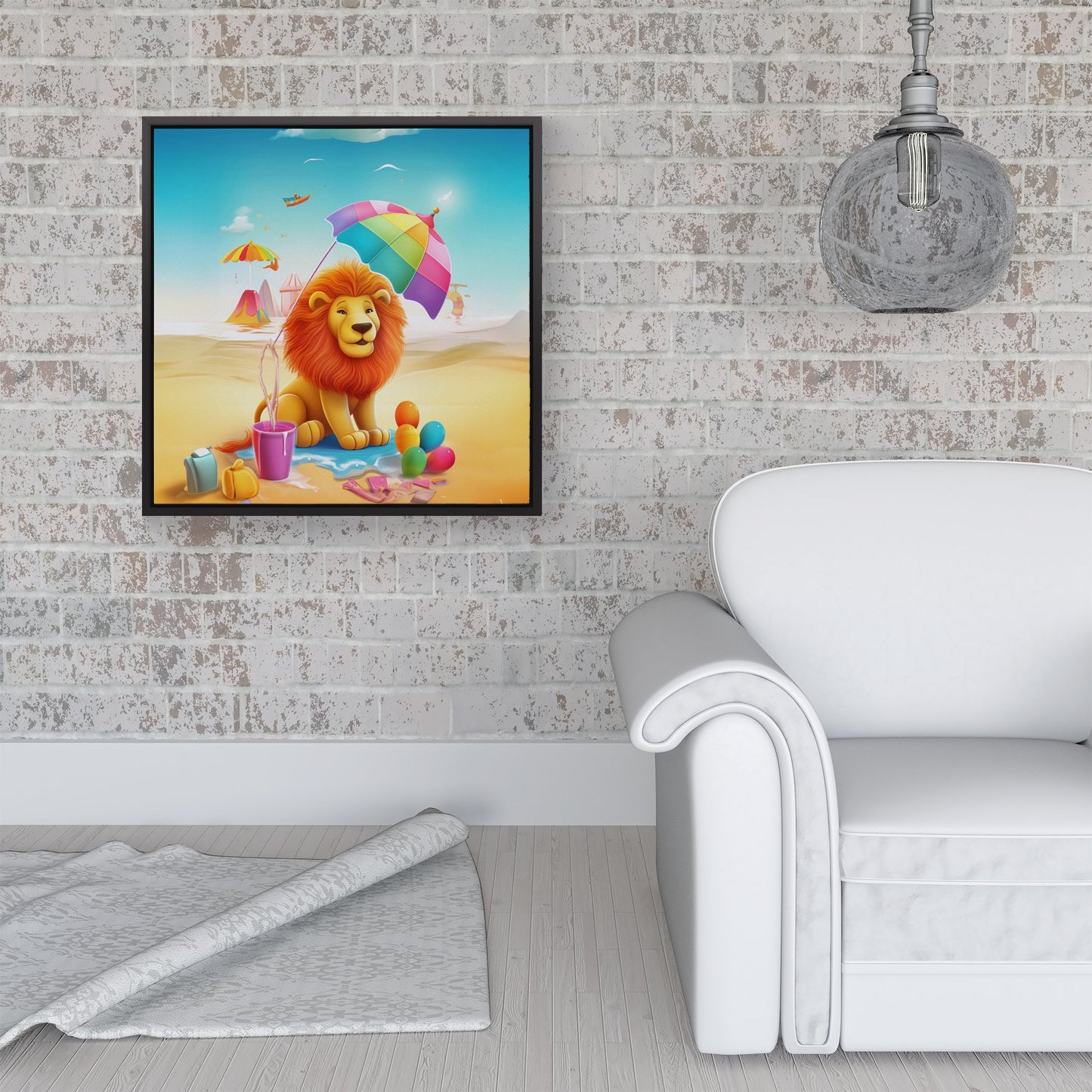 Lion On A Beach Holiday Framed Canvas