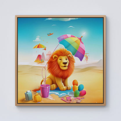 Lion On A Beach Holiday Framed Canvas