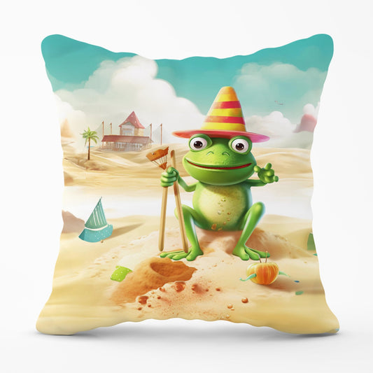 Happy Frog On A Beach Holiday Outdoor Cushion