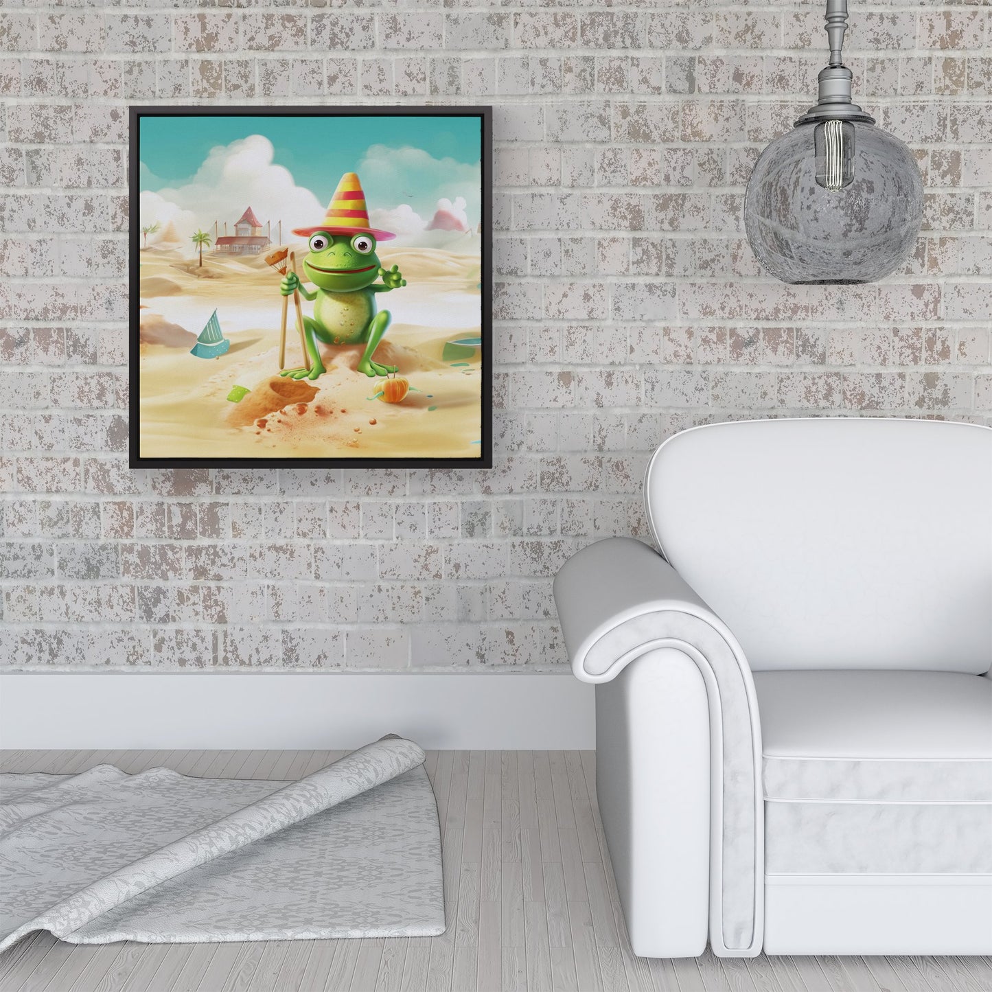 Happy Frog On A Beach Holiday Framed Canvas