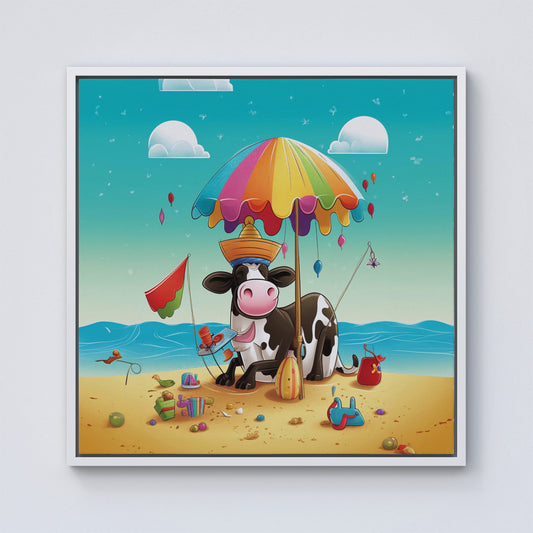 Cow On A Beach Holiday Framed Canvas