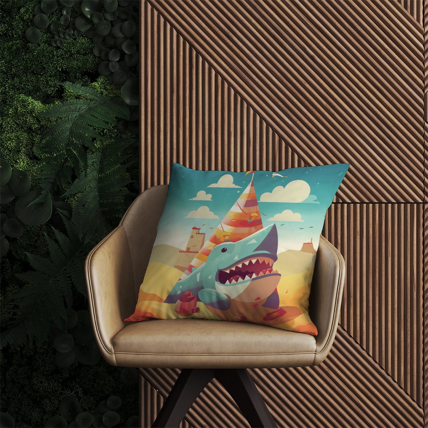 Shark On A Beach Holiday Outdoor Cushion