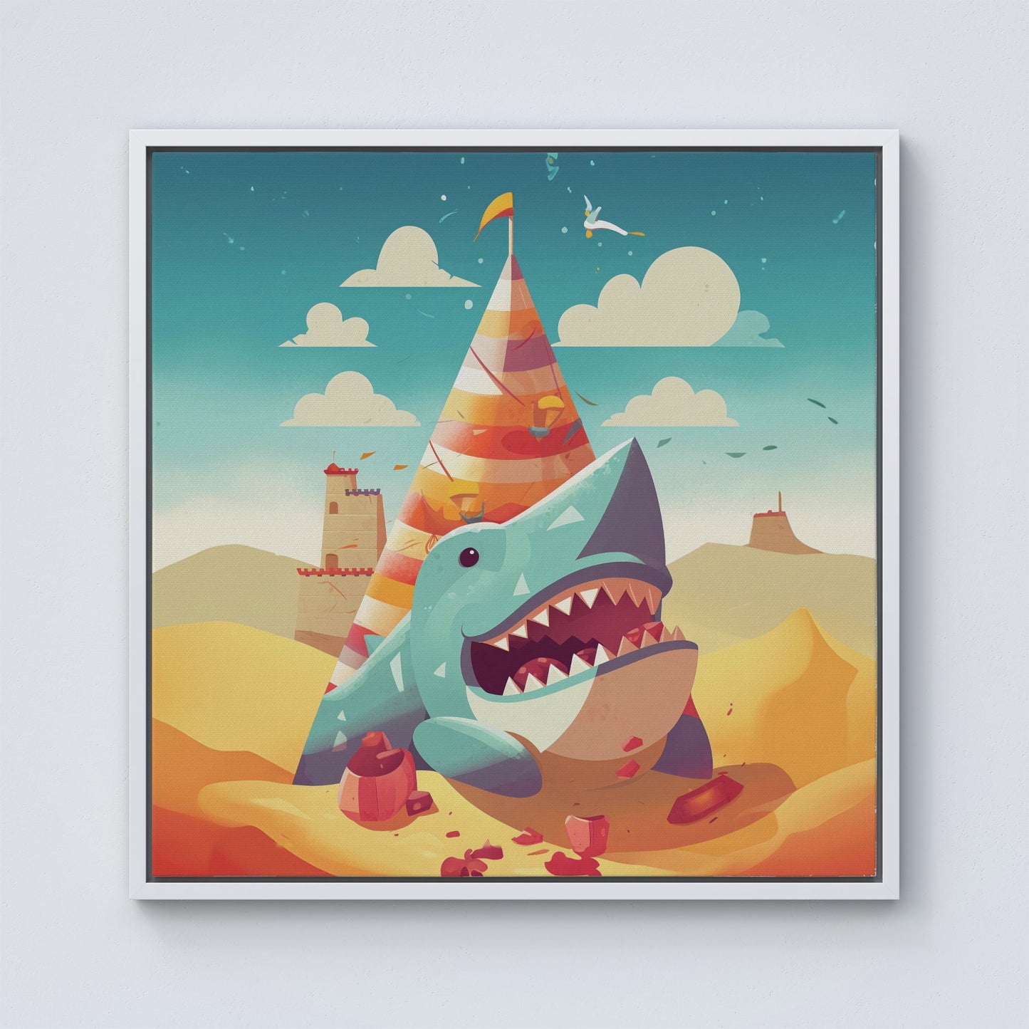 Shark On A Beach Holiday Framed Canvas