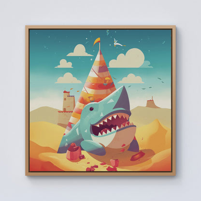 Shark On A Beach Holiday Framed Canvas