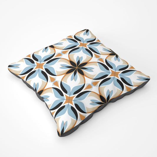 White Brown And Blue Geometric Pattern Floor Cushion