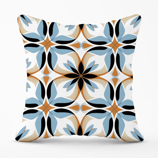 White Brown and Blue Geometric Pattern Outdoor Cushion