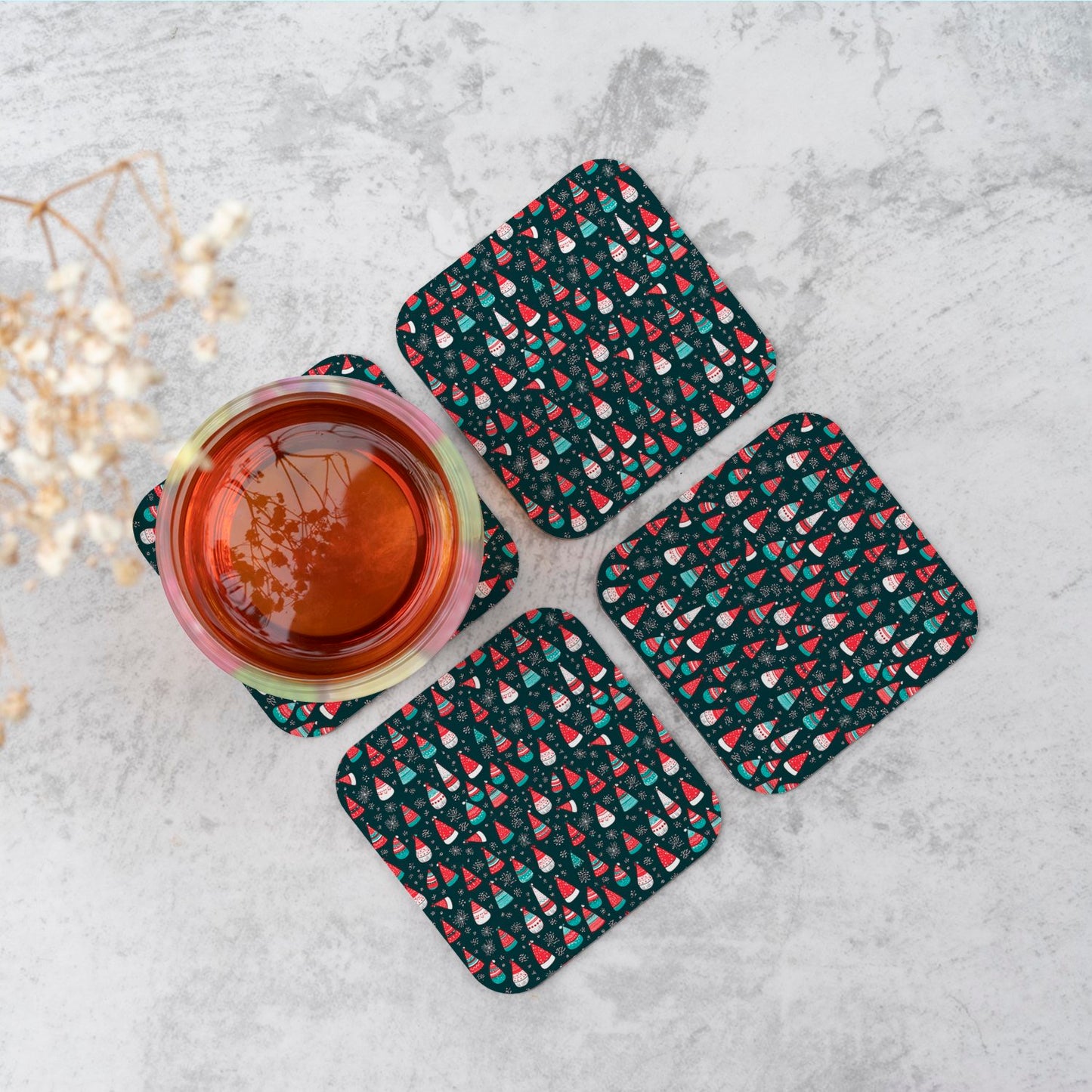 Hand Drawn Cheerful Santa Hats Coasters