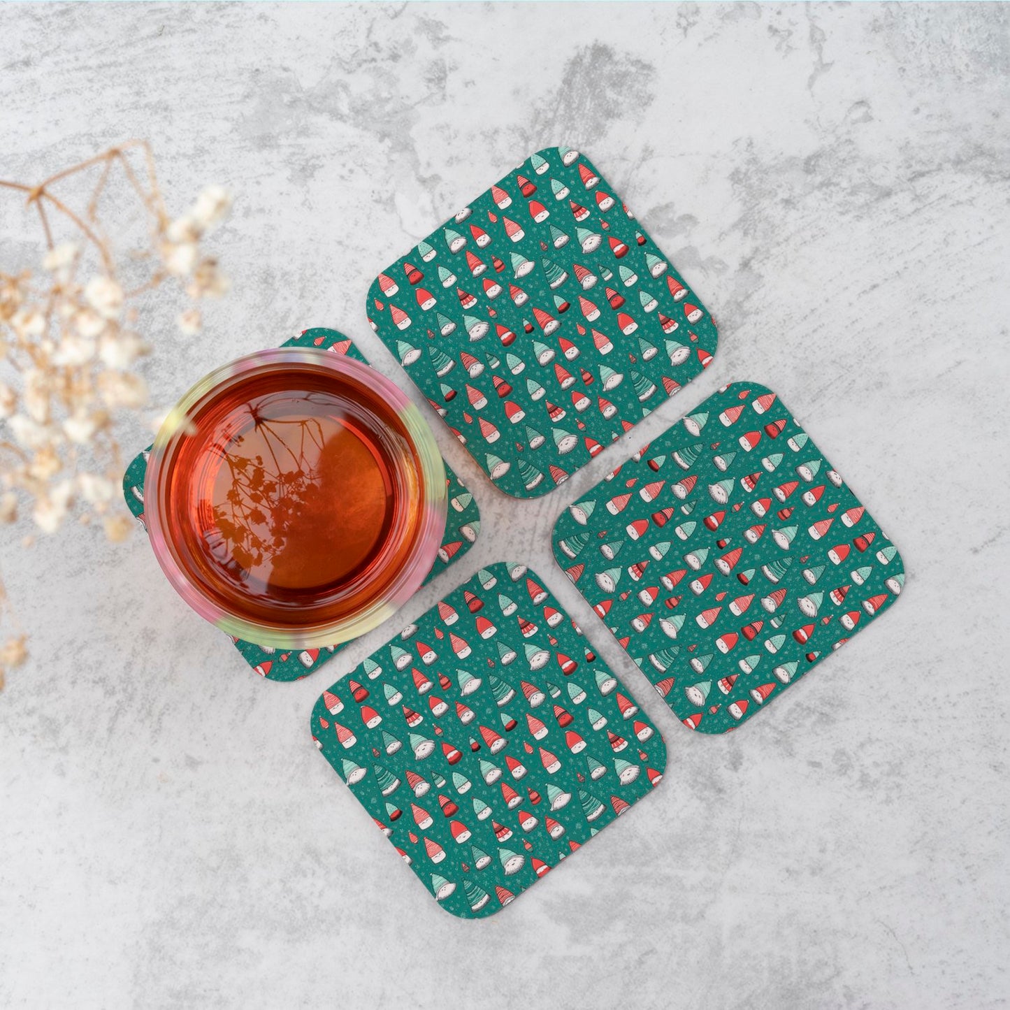 Hand Drawn Joyful Santa Hats Coasters