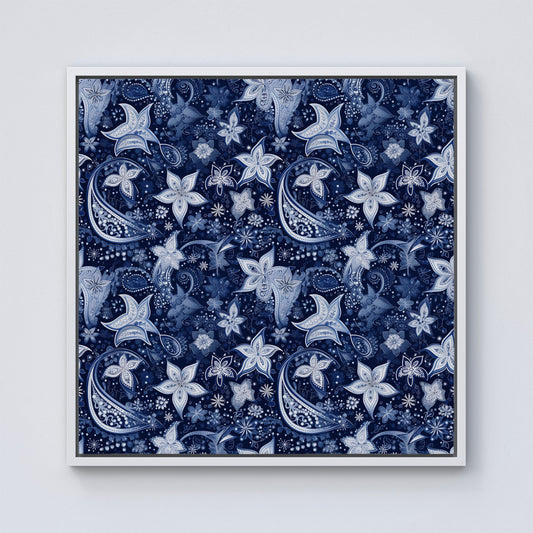 Paisley Christmas Stars Blue Framed Canvas