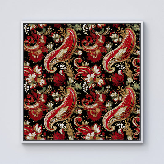 Paisley Christmas Stars Red Framed Canvas