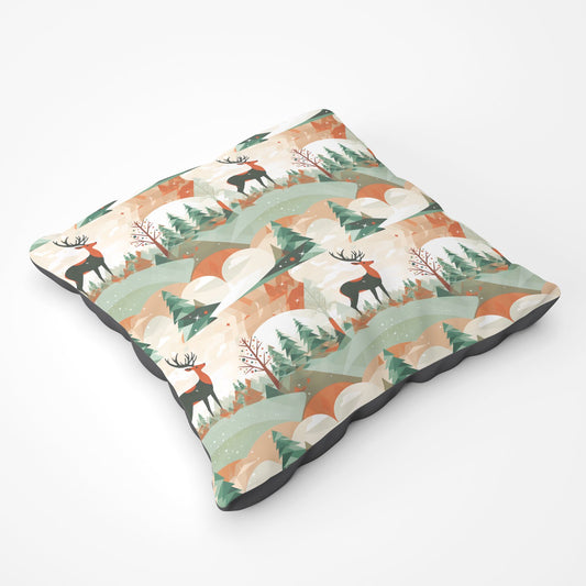 Reindeer On A Snowy Landscape Pattern Floor Cushion