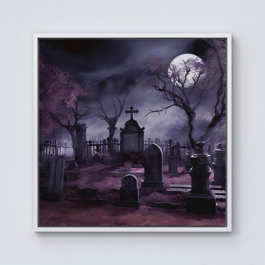 Witchs Moonlit Cemetery Design Framed Canvas