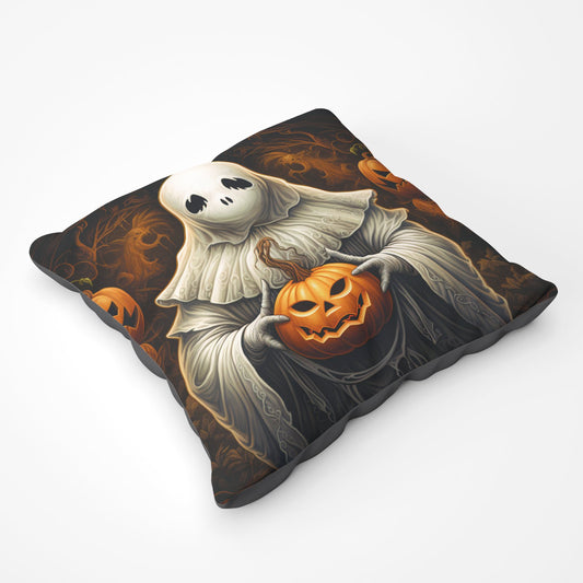 Spooky White Ghost Holding Pumpkin Floor Cushion