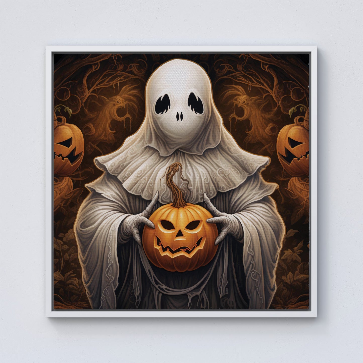 Spooky White Ghost Holding Pumpkin Framed Canvas