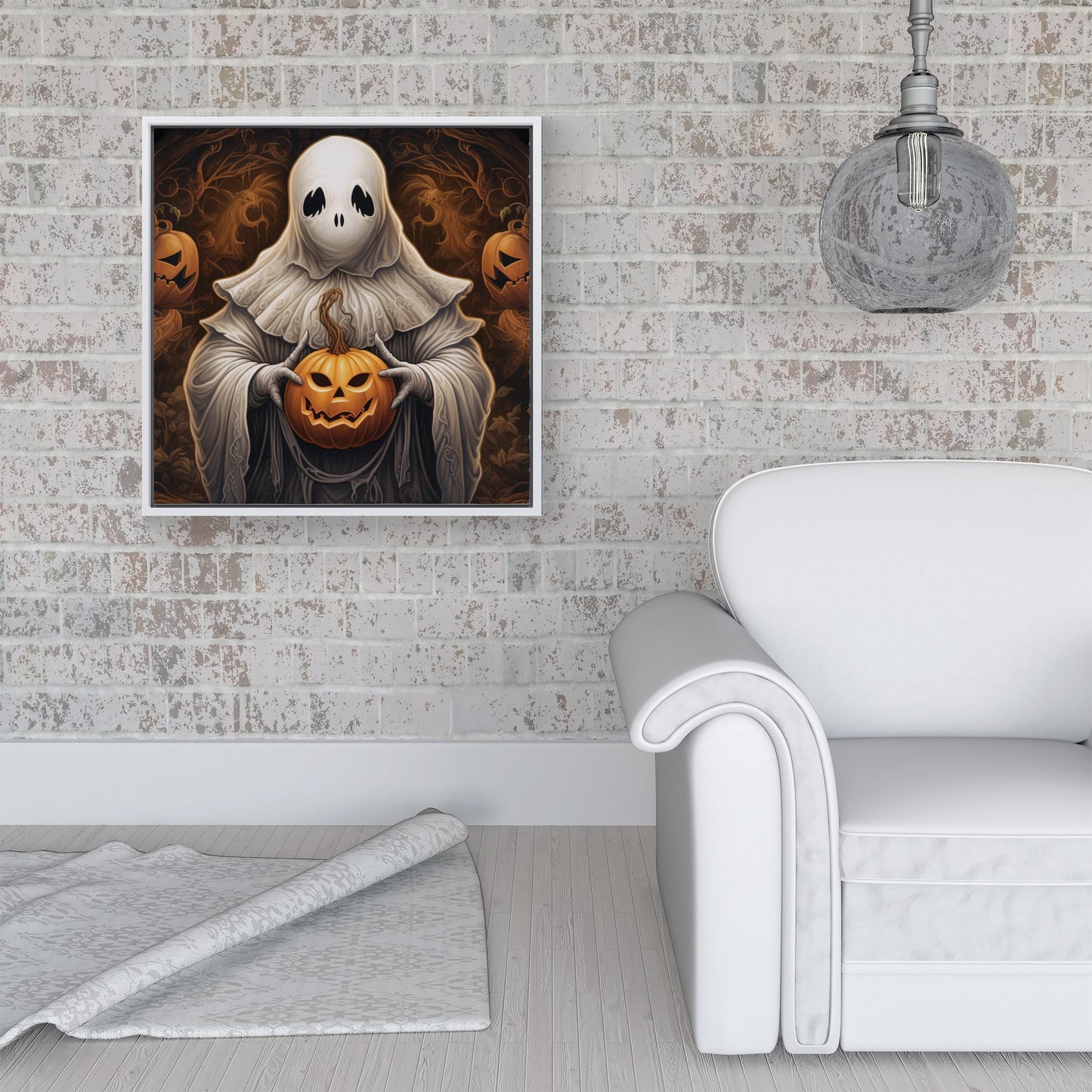 Spooky White Ghost Holding Pumpkin Framed Canvas