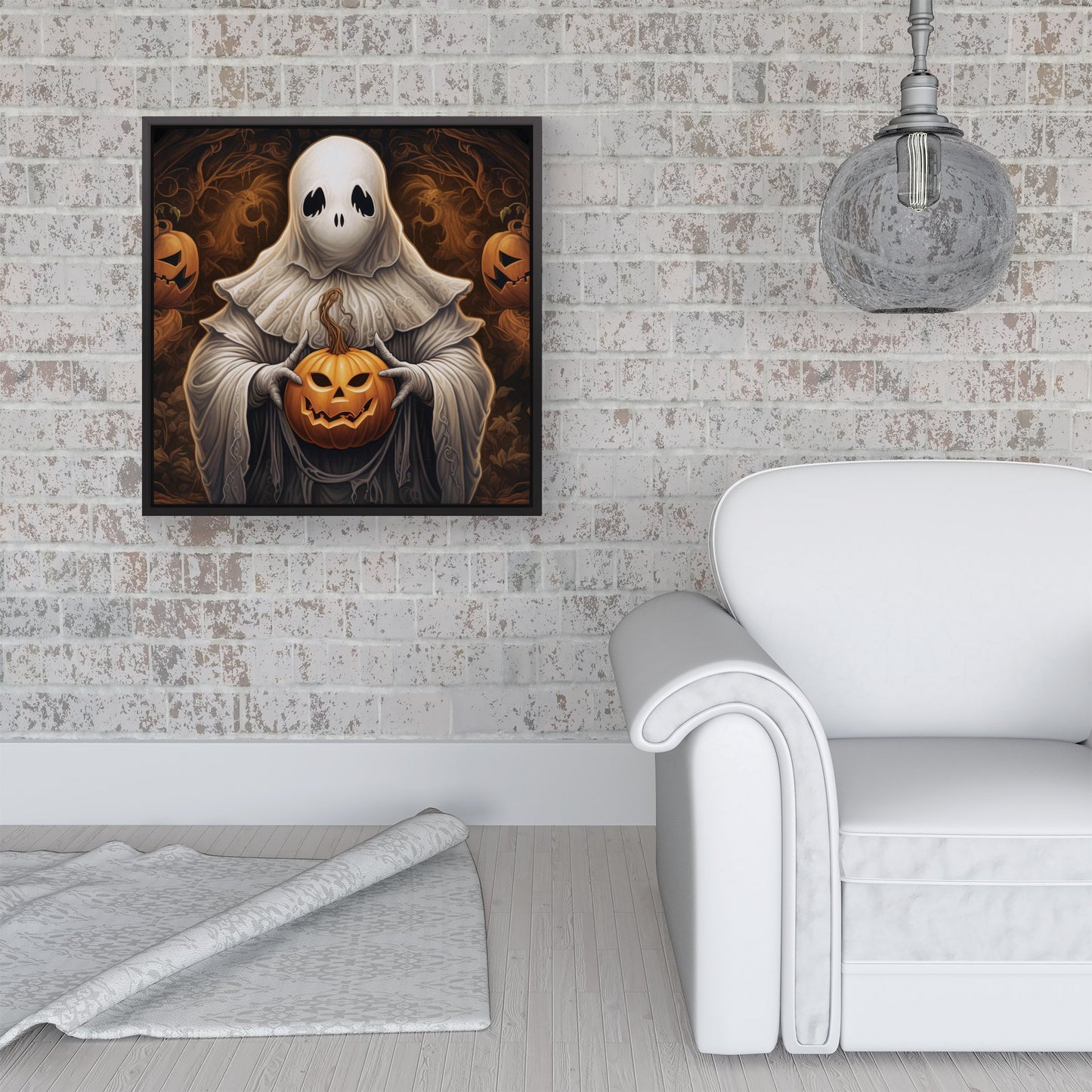 Spooky White Ghost Holding Pumpkin Framed Canvas