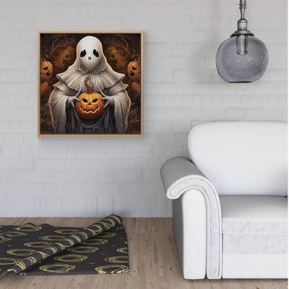 Spooky White Ghost Holding Pumpkin Framed Canvas