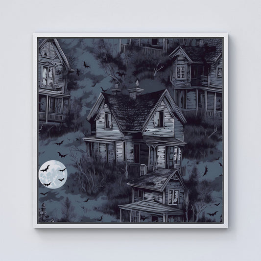 Spooky Shadowy Haunted House Framed Canvas