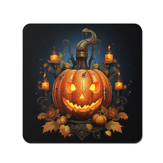 Spooy Pumpkin With Leaves And Small Candles Coasters