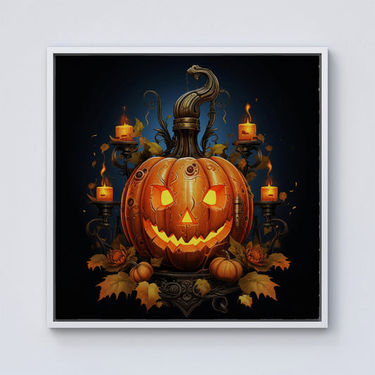 Spooky Pumpkin With Leaves And Small Candles Framed Canvas