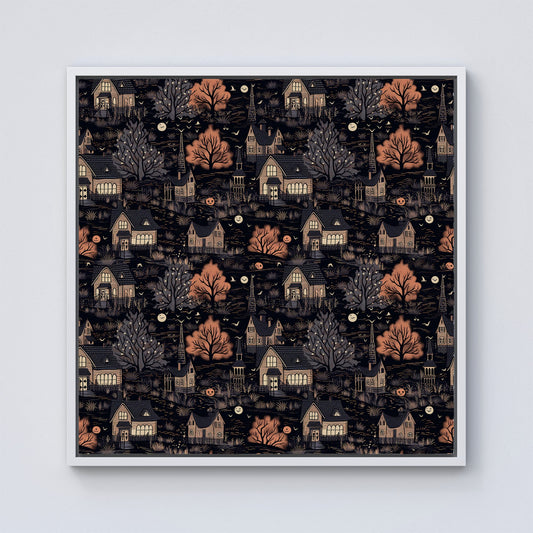 Spooky Haunted Houses Pattern Framed Canvas