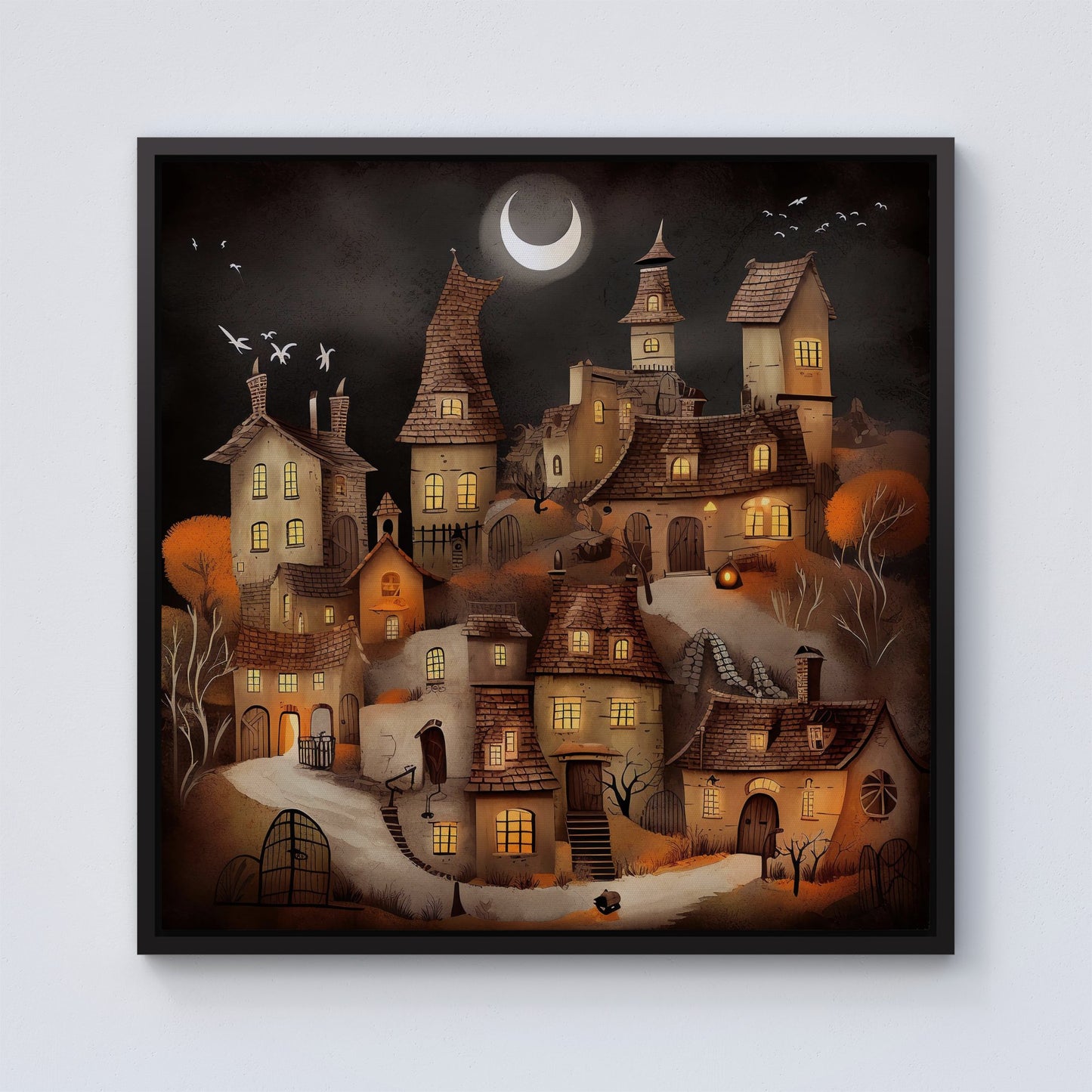 Spooky Halloween Village Framed Canvas