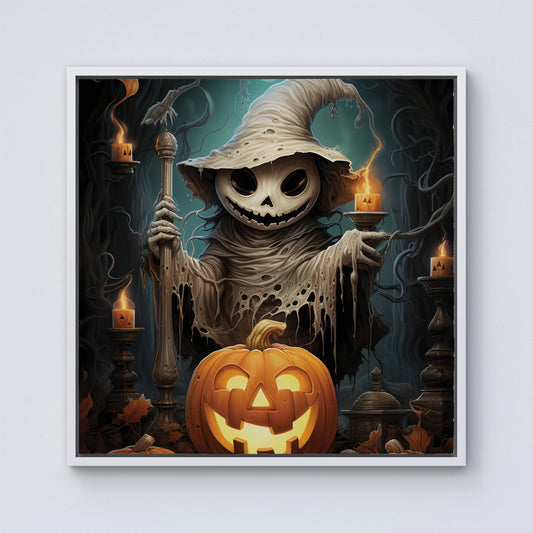 Creepy Ghost With Pumpkins Framed Canvas