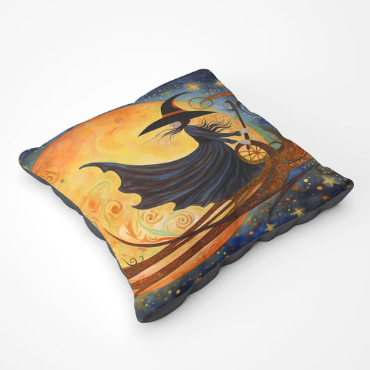 A Whimsical Witch On A Broomstick Floor Cushion