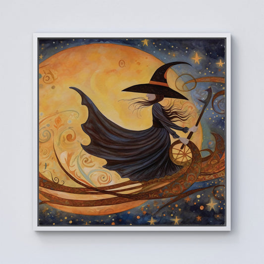 Whimsical Witch On A Broomstick Framed Canvas