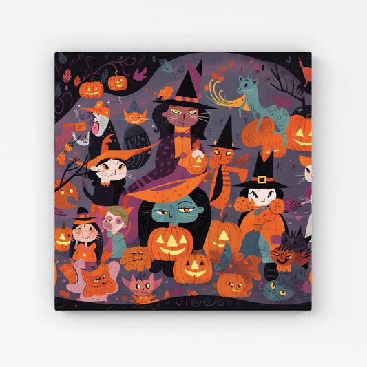 A Vibrant Illustration Of Witches And Pumpkin Canvas