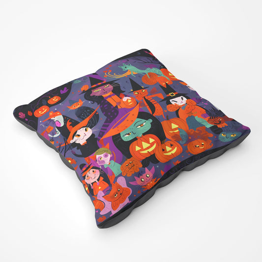 A Vibrant Illustration Of Witches And Pumpkin Floor Cushion