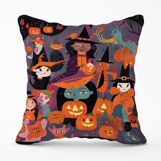 Vibrant Illustration Of Witches And Pumpkin Outdoor Cushion