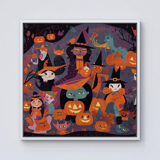 A Vibrant Illustration Of Witches And Pumpkin Framed Canvas