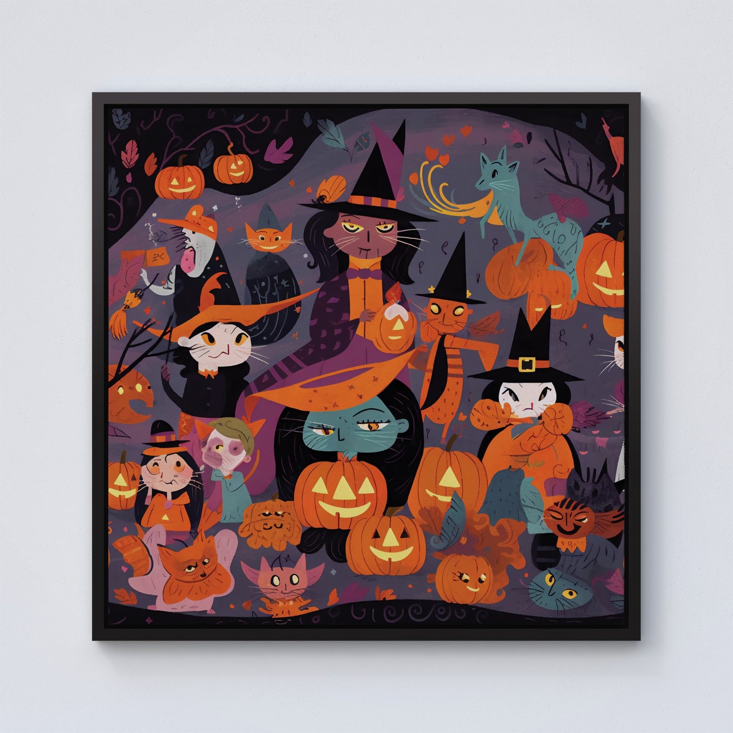 A Vibrant Illustration Of Witches And Pumpkin Framed Canvas