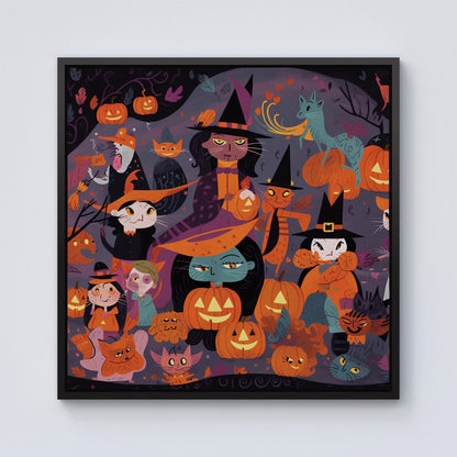 A Vibrant Illustration Of Witches And Pumpkin Framed Canvas