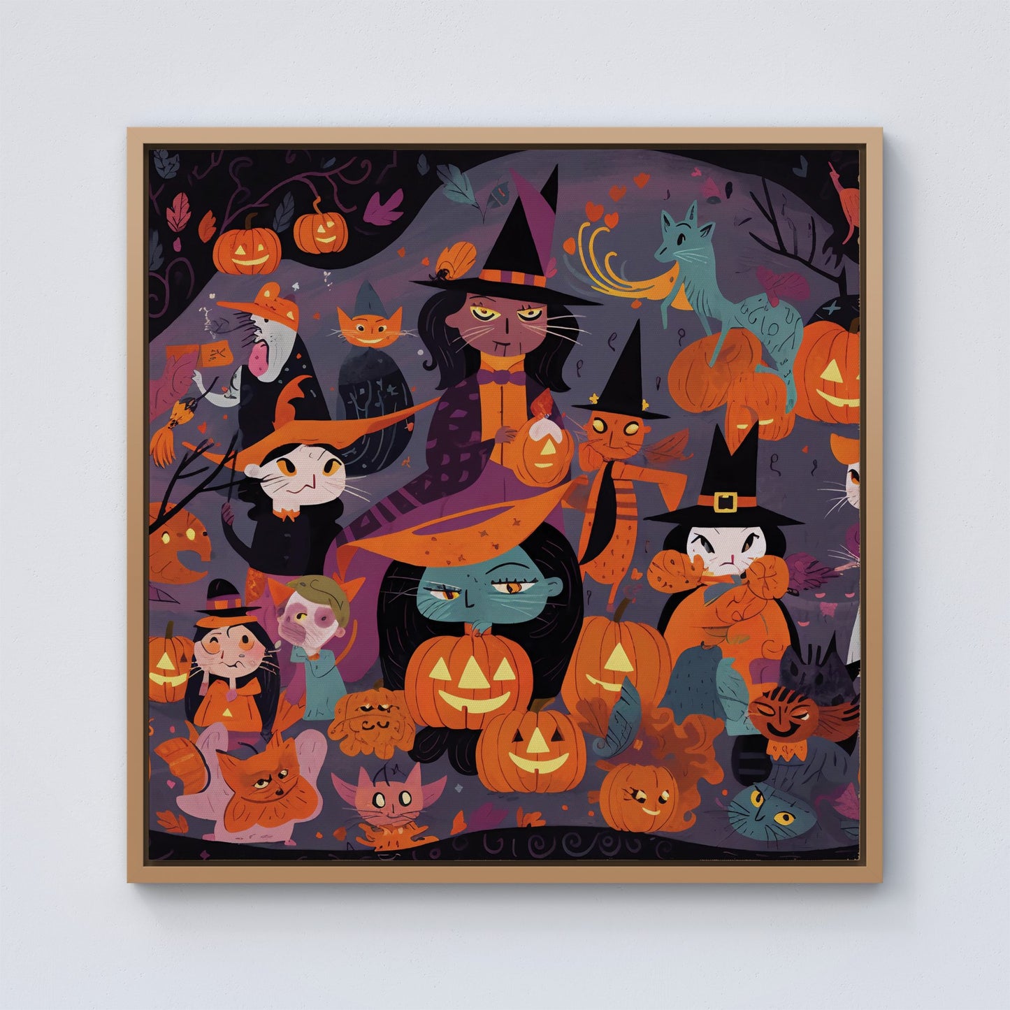 A Vibrant Illustration Of Witches And Pumpkin Framed Canvas