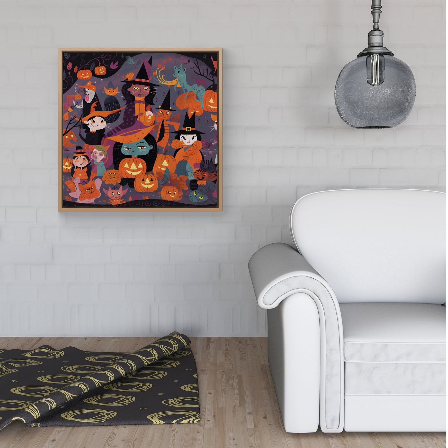 A Vibrant Illustration Of Witches And Pumpkin Framed Canvas