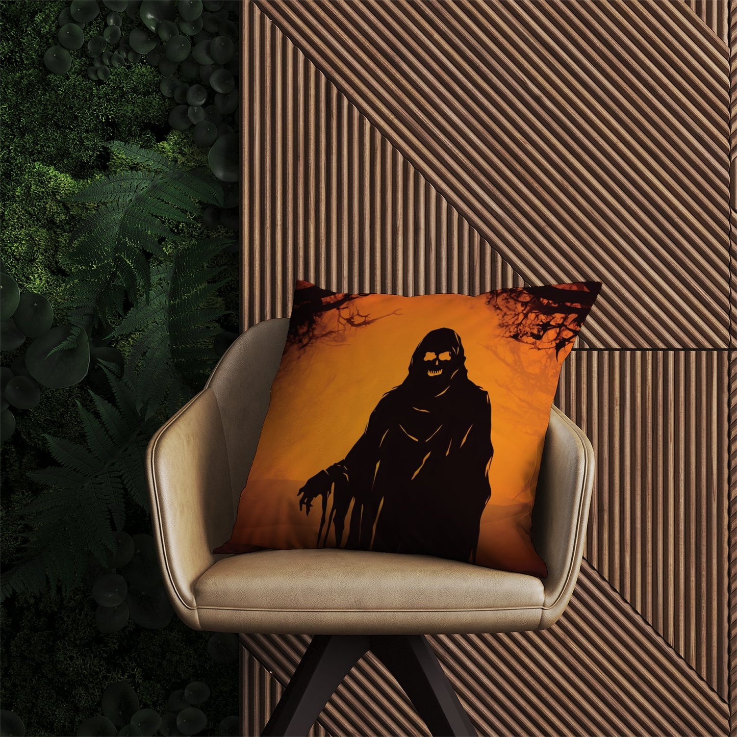 A Spooky Black And Orange Ghost Outdoor Cushion