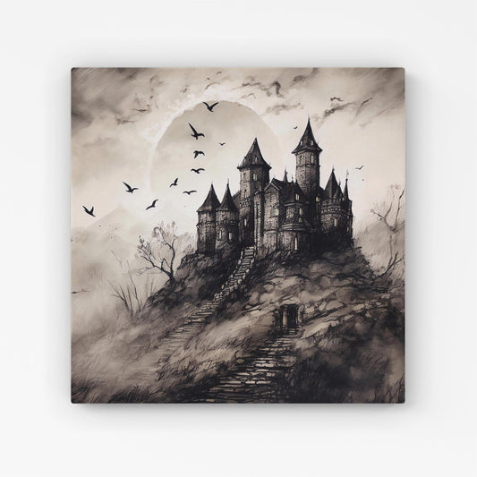 A Realistic Ink Drawing Of A Haunted Castle Canvas