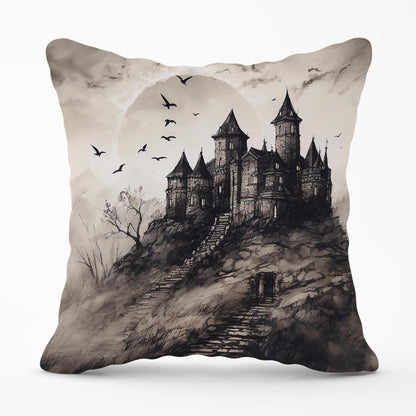 A Realistic Ink Drawing Of A Haunted Castle Outdoor Cushion