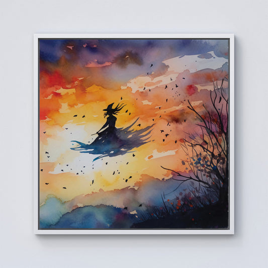 A Watercolor Featuring A Graceful Witch Framed Canvas