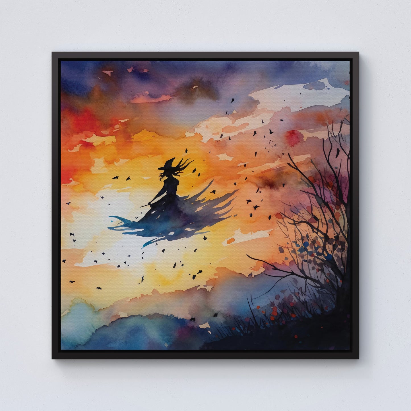 A Watercolor Featuring A Graceful Witch Framed Canvas