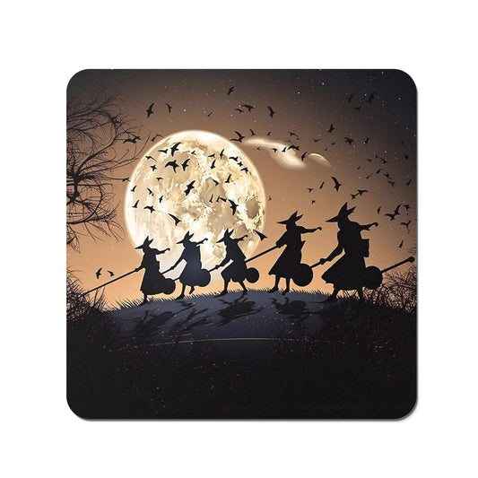 A Group Of Witches Riding Broomsticks Coasters
