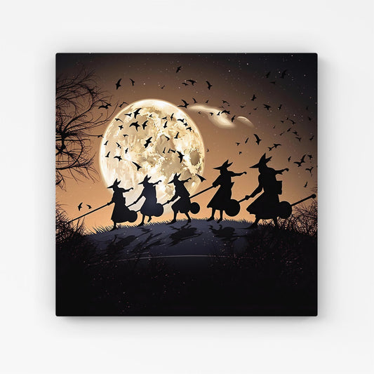 A Group Of Witches Riding Broomsticks Canvas