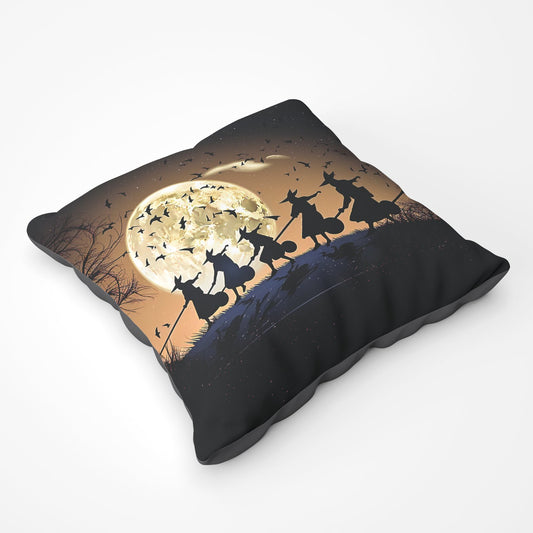 A Group Of Witches Riding Broomsticks Floor Cushion