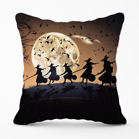 A Group Of Witches Riding Broomsticks Outdoor Cushion